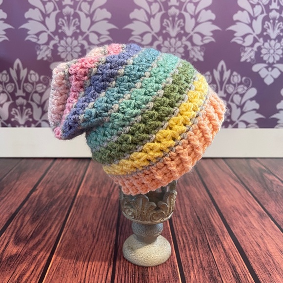 Crochet Colorful Striped Winter Slouch Hat - Picture 3 of 4